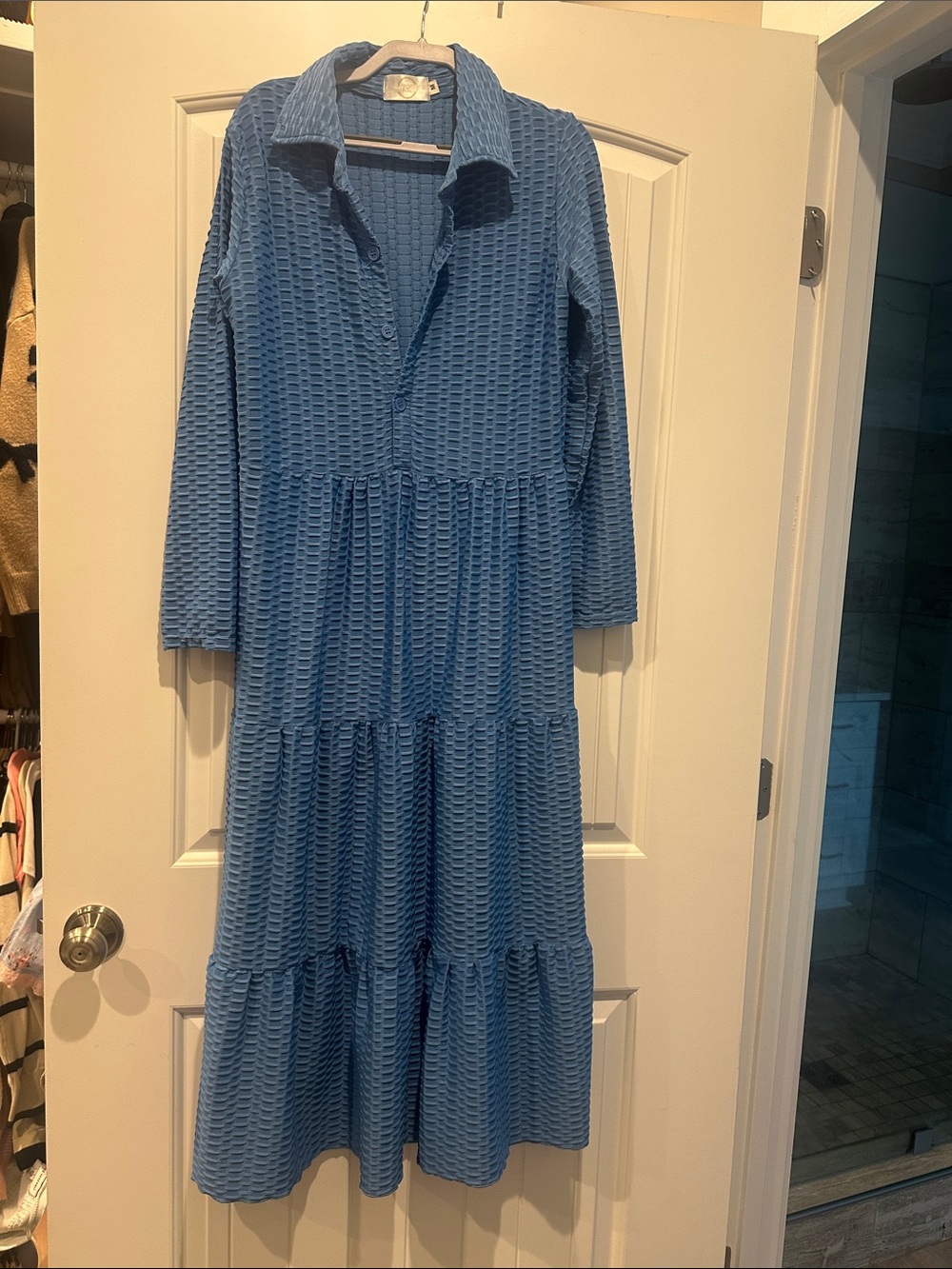 Blue Textured Tiered Maxi Dress with Collared Neck